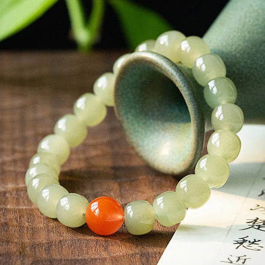 Hetian Green Jade Lotus Bead Bracelet — Feng Shui Charm