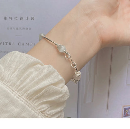 Antique Silver White-Blue Chalcedony Bead Bracelet — Court Style