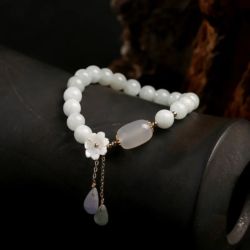 Water Drop Shell Flower Pendant Bracelet Woman Natural Jade Emerald Agate Beads Bracelet Adjustable Bangle Charm Jewelry