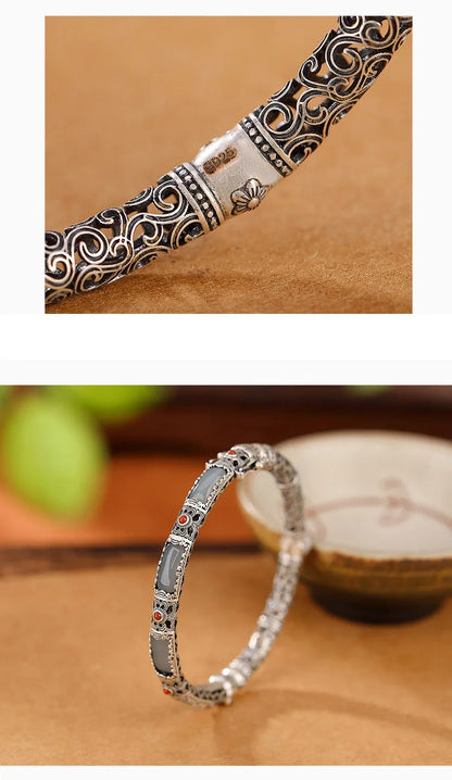 Hollow Butterfly Jade Bangle — Vintage Silver-Tone Bracelet