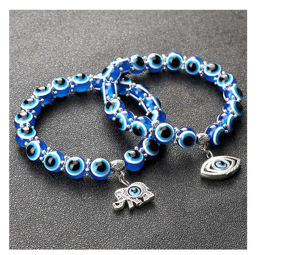 10mm Lucky Blue Evil Eye Bracelet with Charm Pendants