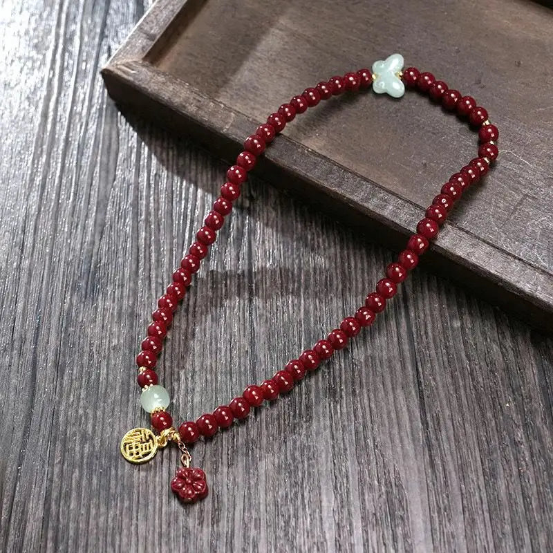 Double Circle Cinnabar-Style Bracelet with Pixiu & Gourd Pendant