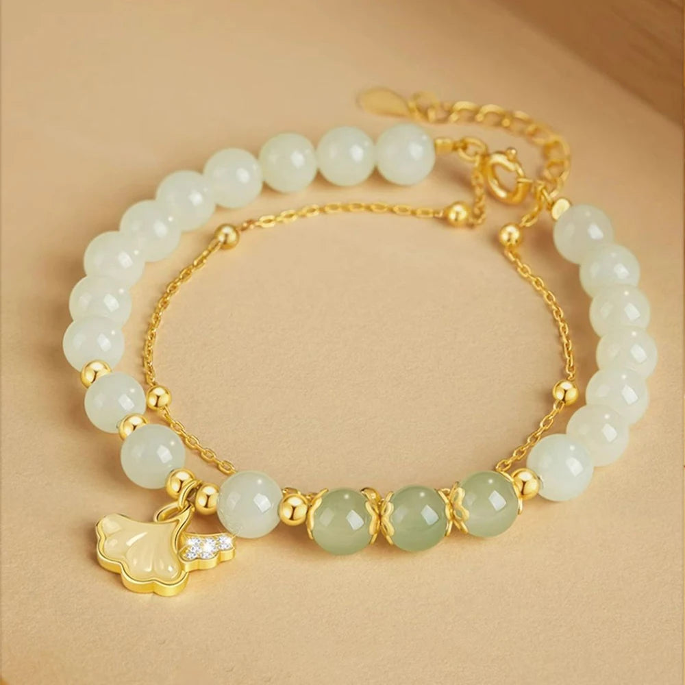 Hetian Jade Ginkgo Double-Layer Bracelet｜S925 Elegant Handmade