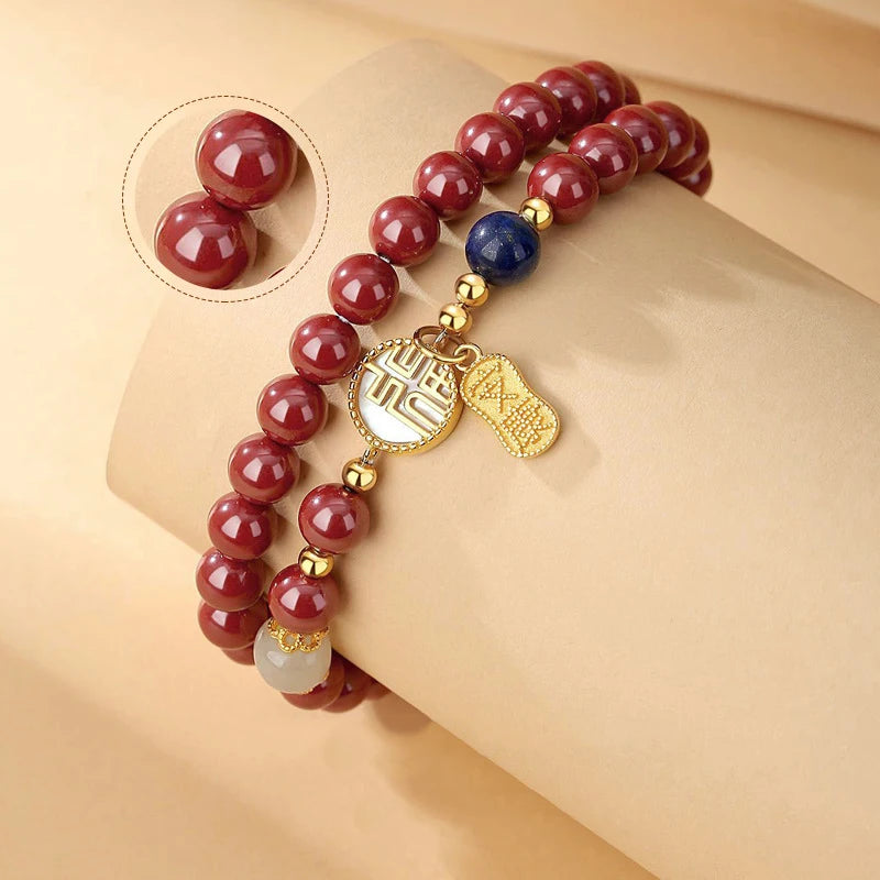 Natural Cinnabar Double-Circle Bracelet — Chinese Vintage Charm