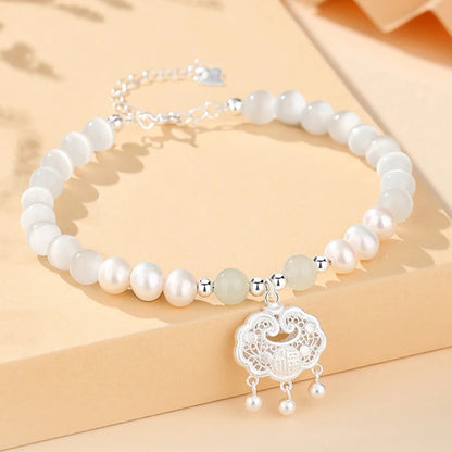 Cat's Eye & Freshwater Pearl 925 Peace-Lock Beaded Bracelet for Women