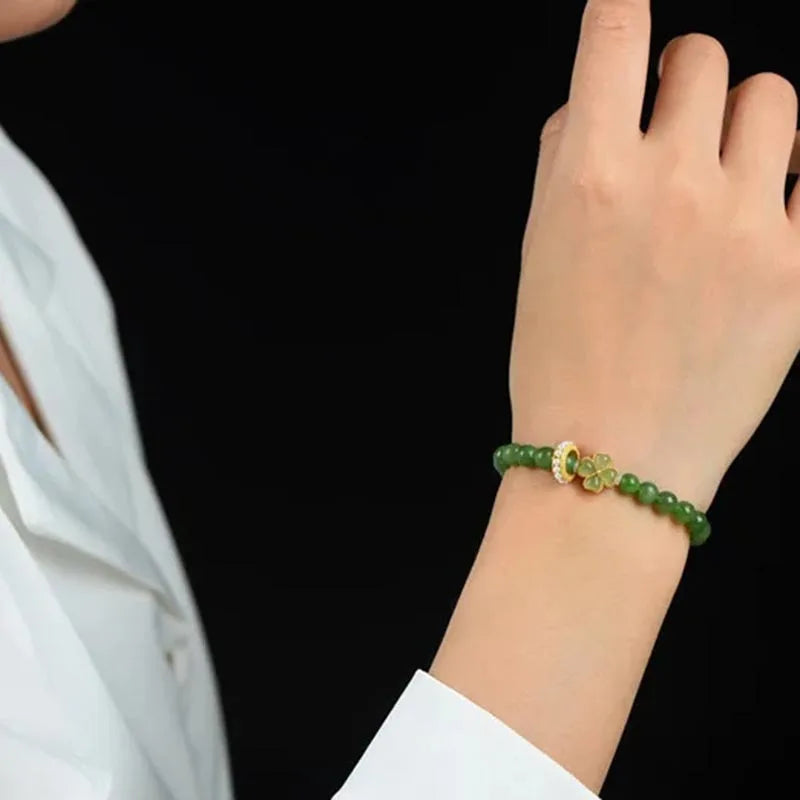 Hetian Jade Four‑Leaf Clover Bracelet｜Lucky Charm for Women