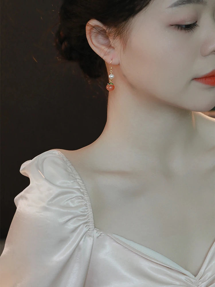 Red Agate Peach Jade Hook Earrings - Vintage Pearl Gift