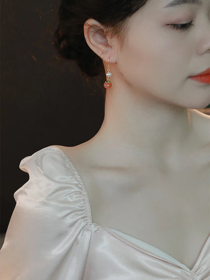 Red Agate Peach Jade Hook Earrings - Vintage Pearl Gift