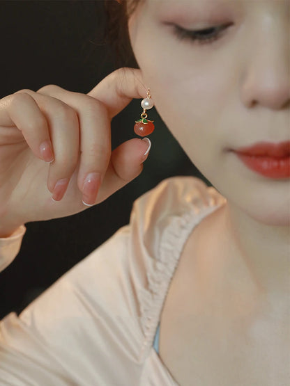 Red Agate Peach Jade Hook Earrings - Vintage Pearl Gift