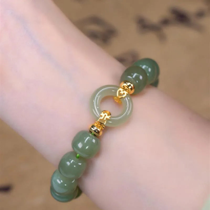 Natural Hetian Jade Gong-Bell Bracelet — Retro Boho Elegance