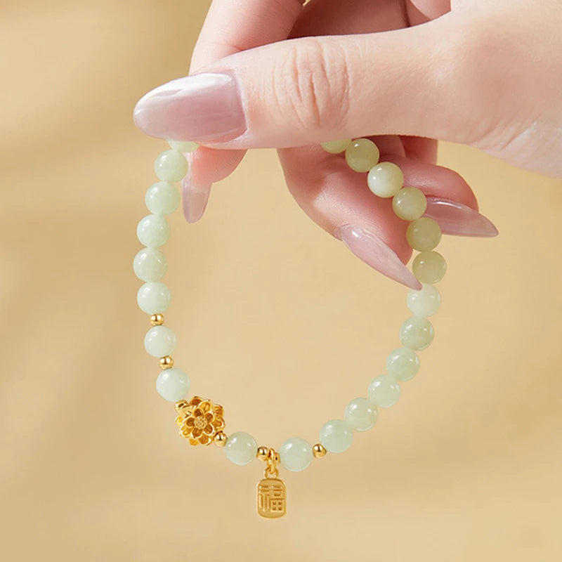 Hetian Green Jade 6mm Lotus Bracelet — Single Circle Buddha Beads