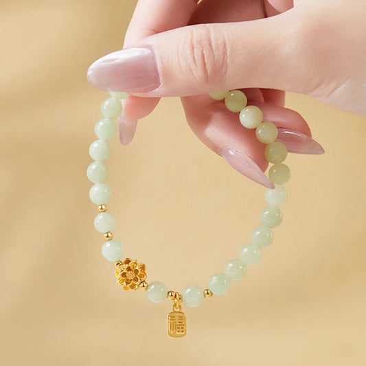 Hetian Green Jade 6mm Lotus Bracelet — Single Circle Buddha Beads