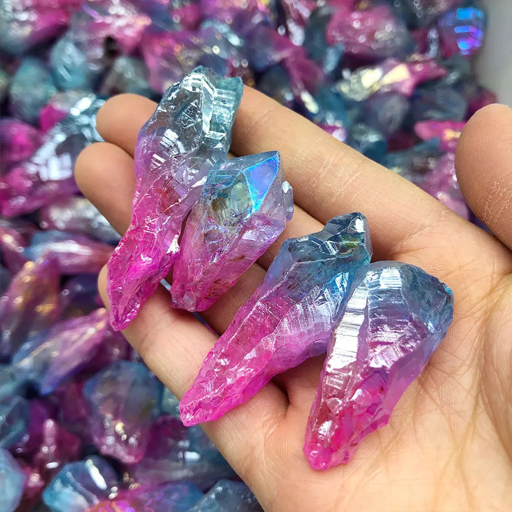 粉蓝电镀石英水晶尖原石摆件｜水族造景 风水净化能量