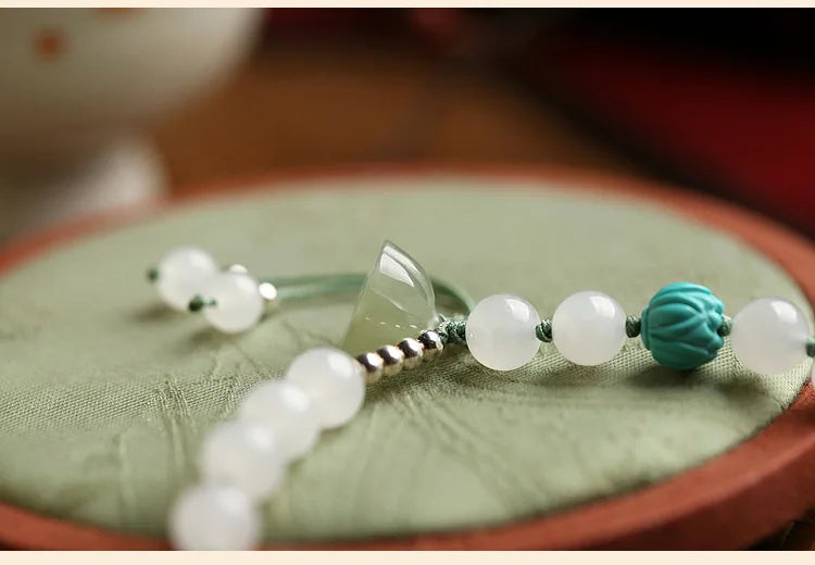 White Hetian Jade Lotus Beaded Bracelet — Handmade Feng Shui Crystal
