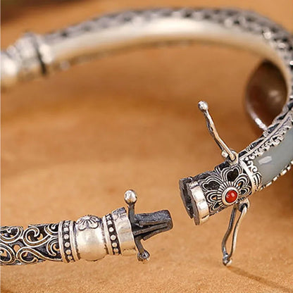 Hollow Butterfly Jade Bangle — Vintage Silver-Tone Bracelet