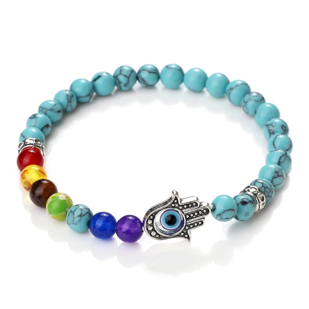 6mm天然石七脉轮弹力手链｜掌形邪眼护符 男女通用