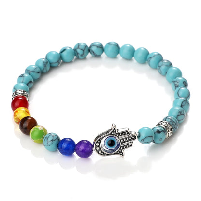 6mm天然石七脉轮弹力手链｜掌形邪眼护符 男女通用