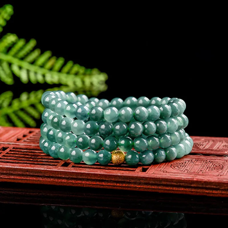 6mm Blue Jadeite Three-Loop Necklace & Bracelet — Ice Seed Water Jade