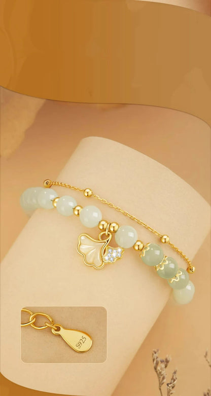 Hetian Jade Ginkgo Double-Layer Bracelet｜S925 Elegant Handmade