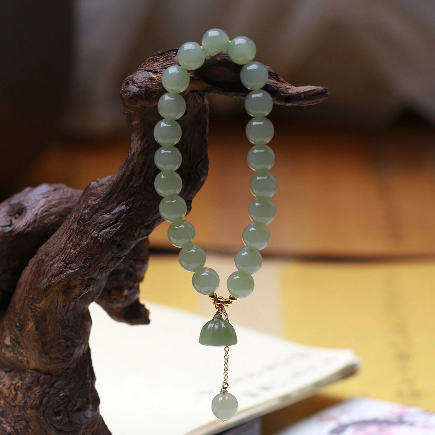 Hetian Jade Lotus Pendant 8mm Round Bead Bracelet — Elegant Charm for Women