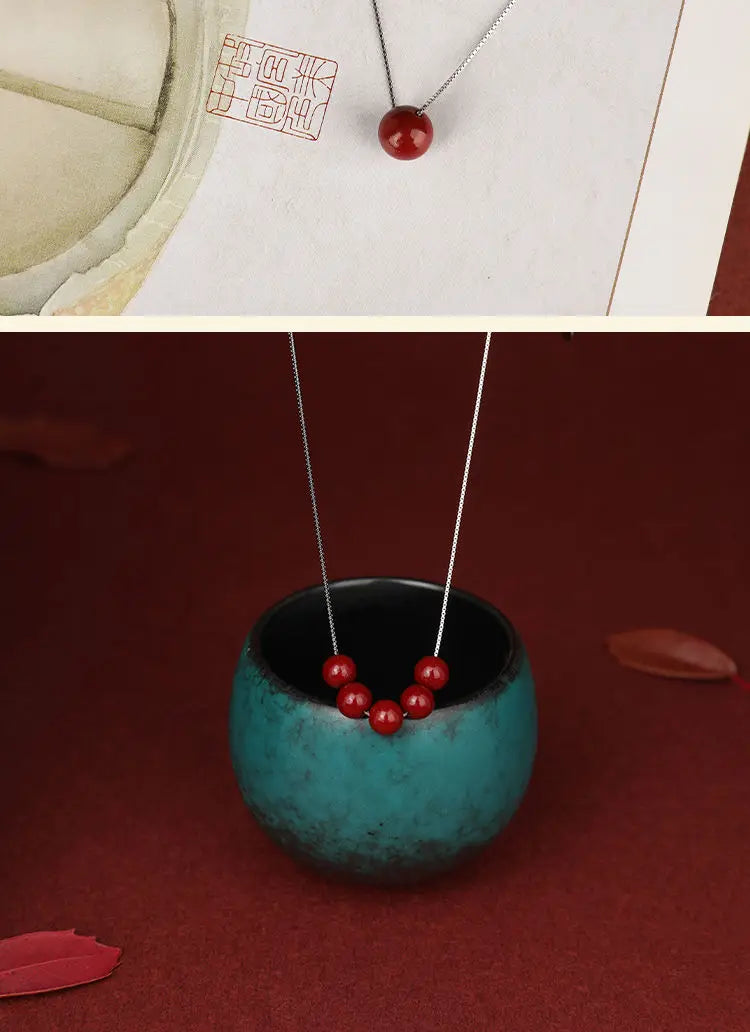 Natural Cinnabar Water-Drop Pendant Necklace｜Silver Chain Lucky Beads