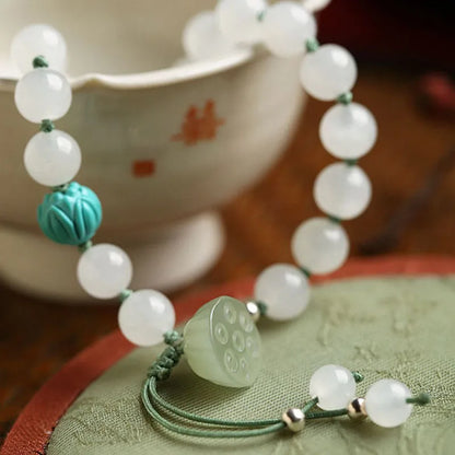 White Hetian Jade Lotus Beaded Bracelet — Handmade Feng Shui Crystal