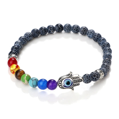6mm天然石七脉轮弹力手链｜掌形邪眼护符 男女通用