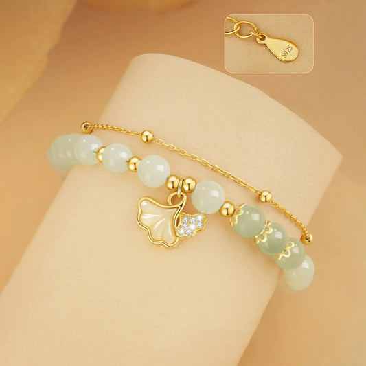 Hetian Jade Ginkgo Double-Layer Bracelet｜S925 Elegant Handmade