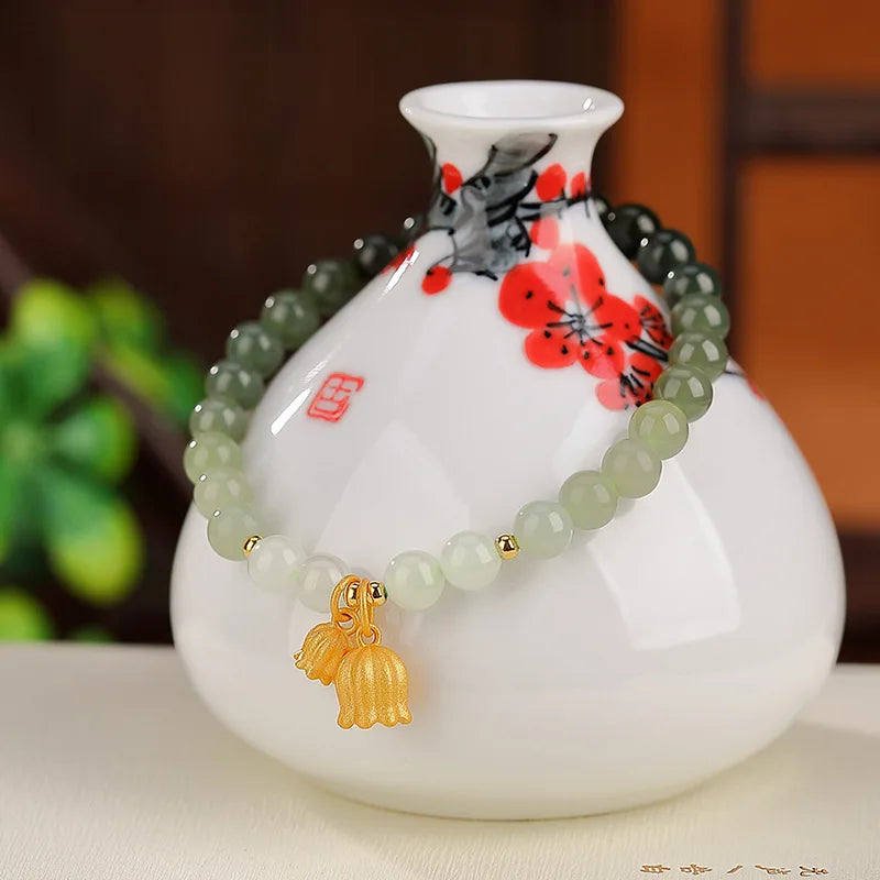 Blue Hotan Jade Gradient Bead Bracelet｜S925 Gold-Plated Elegance