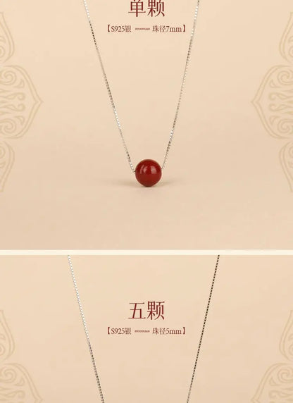 Natural Cinnabar Water-Drop Pendant Necklace｜Silver Chain Lucky Beads