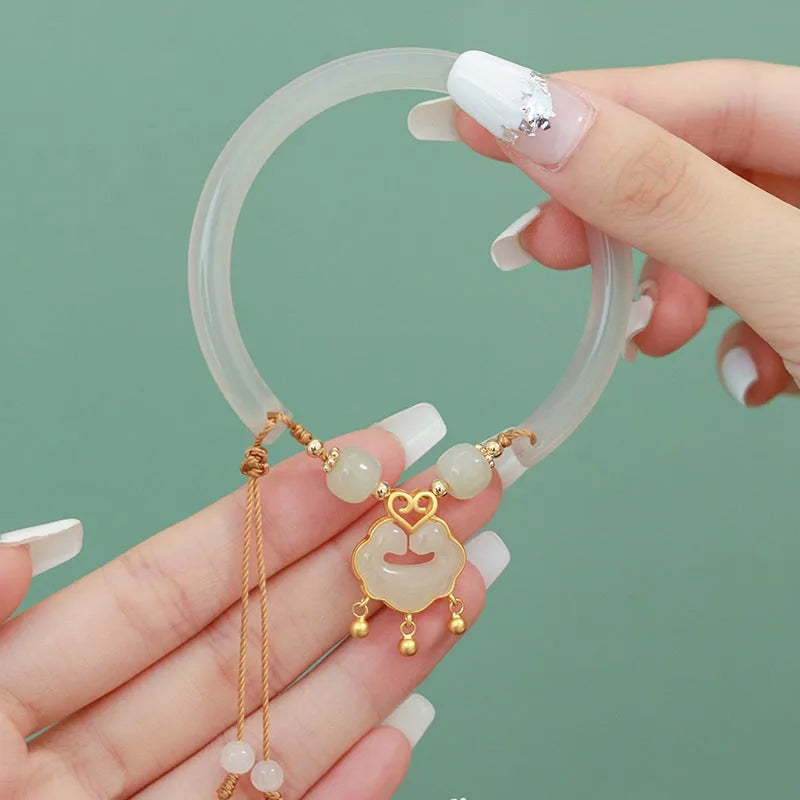 Hotan White Jade Safety-Lock Bracelet — Elegant Protective Charm