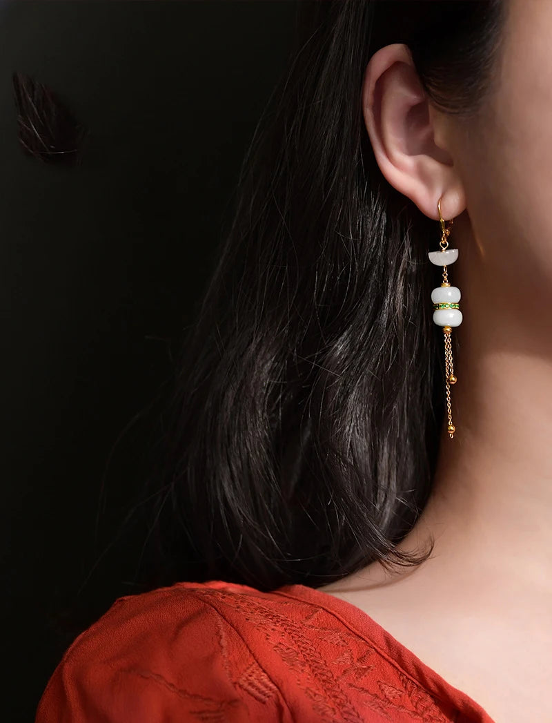 Hetian White Jade Tassel Earrings — Retro Feng Shui Elegance