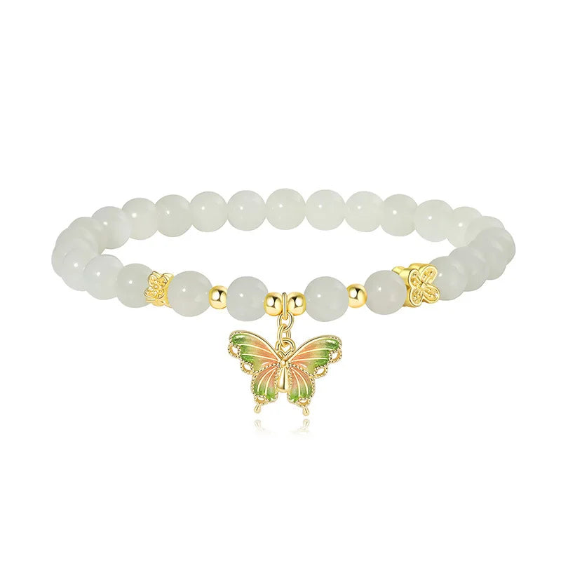 Gradient Jade Beaded Bracelet with Butterfly Charm — Lucky Charm