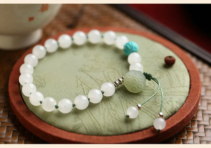 White Hetian Jade Lotus Beaded Bracelet — Handmade Feng Shui Crystal