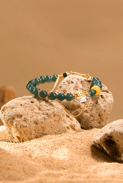 Chicken-Oil Yellow Amber Bracelet with Blue Jade Leaf Inlay