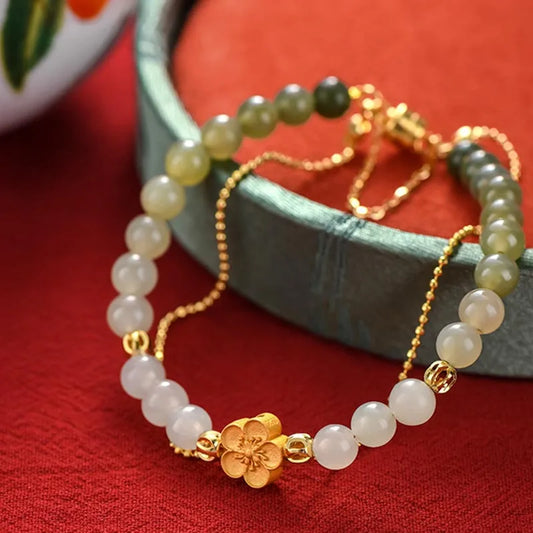 Peach Blossom Hotan Jade Hand-String Bracelet — Romance & Protection