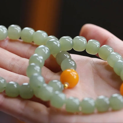 Natural Hetian Jade Green Bead Bracelet — Handmade Lucky Strand