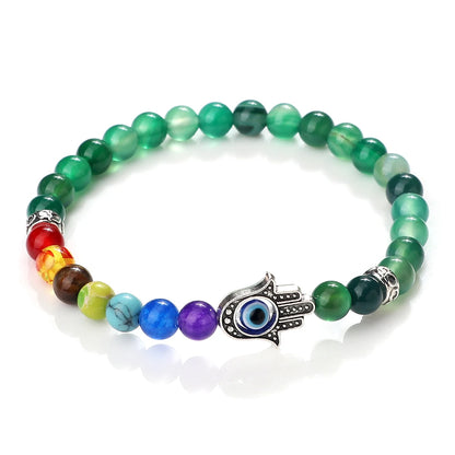 6mm天然石七脉轮弹力手链｜掌形邪眼护符 男女通用