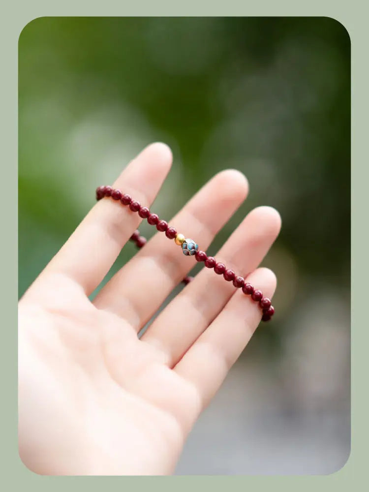 Natural Cinnabar & Blue Lotus Cloisonné Bracelet