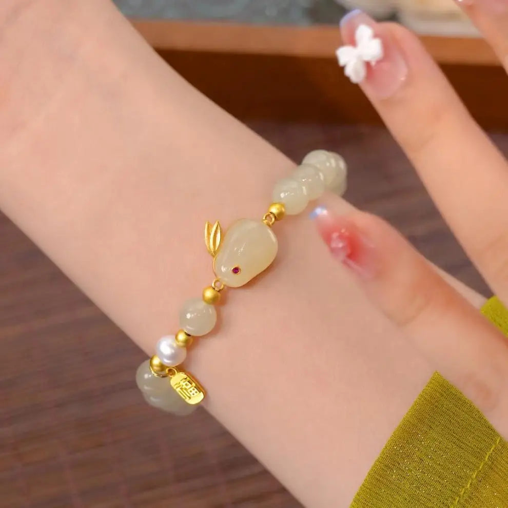 Natural Hetian Jade Bracelet for Women ｜ Vintage Boho Stone Beads Gift