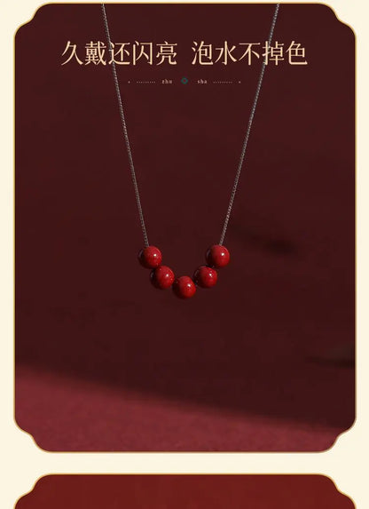 Natural Cinnabar Water-Drop Pendant Necklace｜Silver Chain Lucky Beads