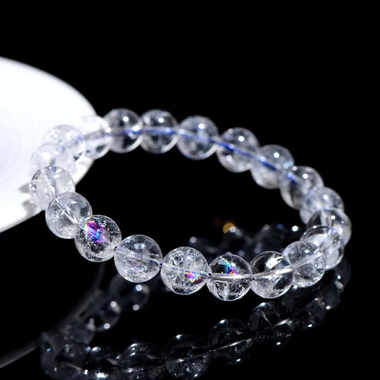 Natural Rainbow White Crystal & Jade Round Bead Bracelet — Feng Shui Charm