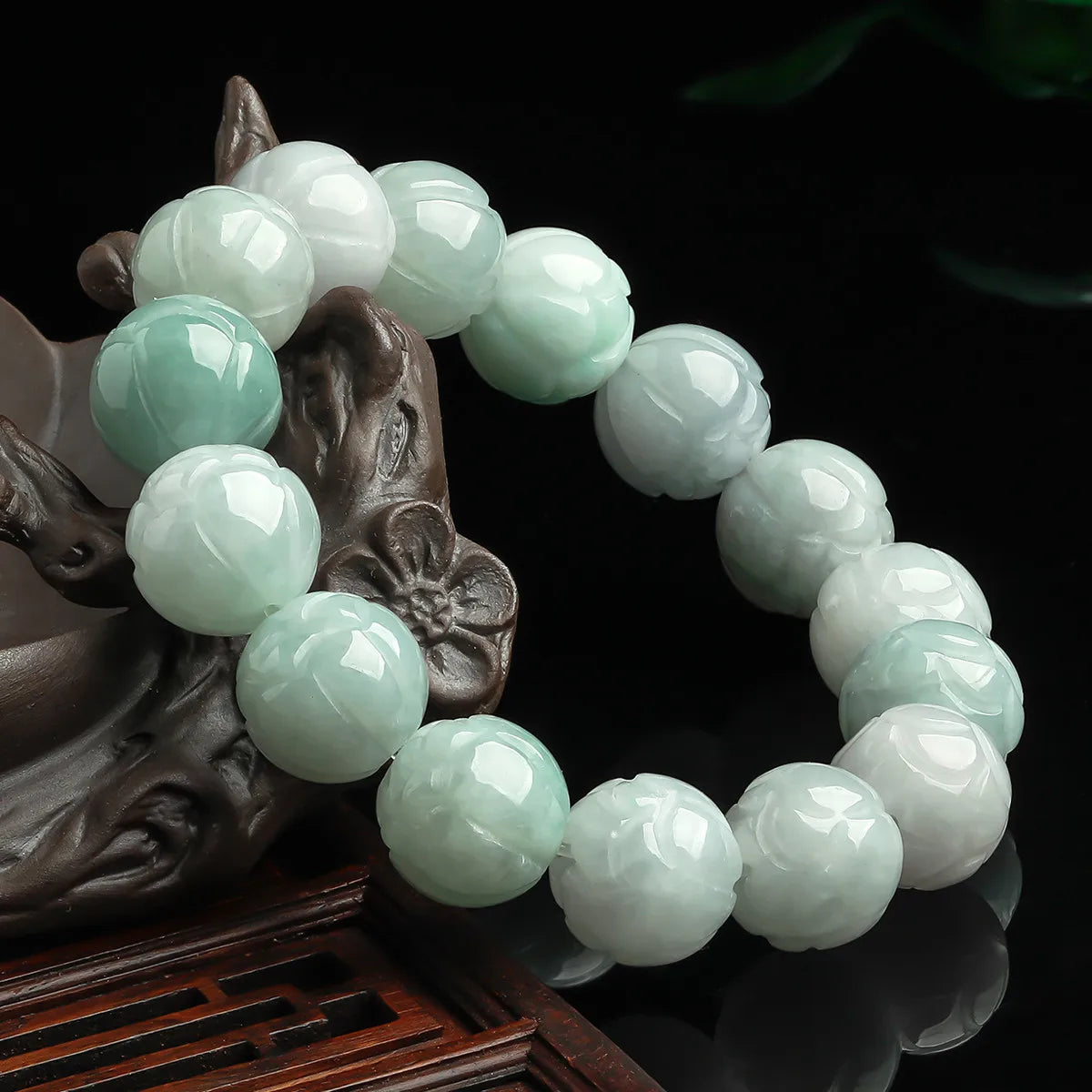 Natural Hotan Ice Jade Lotus Bracelet｜Elegant Unisex Strand