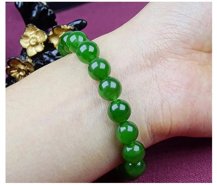 Natural Green Jadeite Round Bead Bracelet with Hand Charm ｜ Adjustable Unisex Lucky Bangle