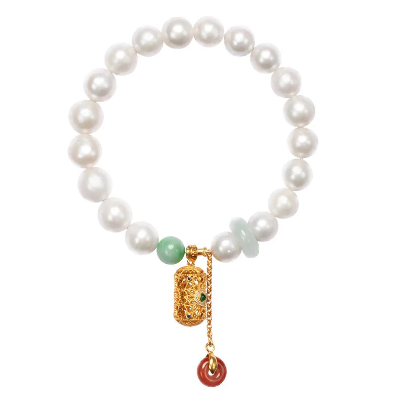 Hetian Jade & Freshwater Pearl Retractable Bracelet — Handmade Charm