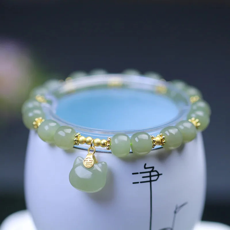 Lucky Jade Antique Gong Bell Bracelet — Boho Feng Shui Charm