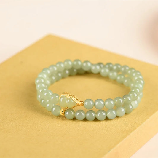 Hetian Jade Double-Loop Bracelet — 6mm Silver‑Gold Elegance