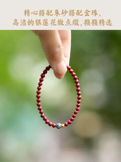 Natural Cinnabar & Blue Lotus Cloisonné Bracelet