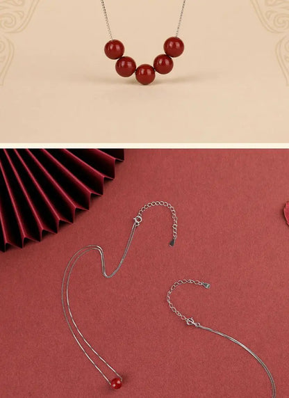 Natural Cinnabar Water-Drop Pendant Necklace｜Silver Chain Lucky Beads