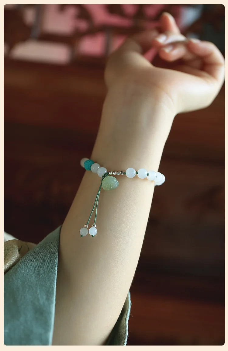 White Hetian Jade Lotus Beaded Bracelet — Handmade Feng Shui Crystal